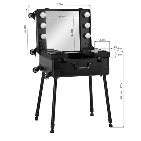 ActiveShop Case Portable Makeup Stand T-27 Black - portable makeup station with its dimensions shown