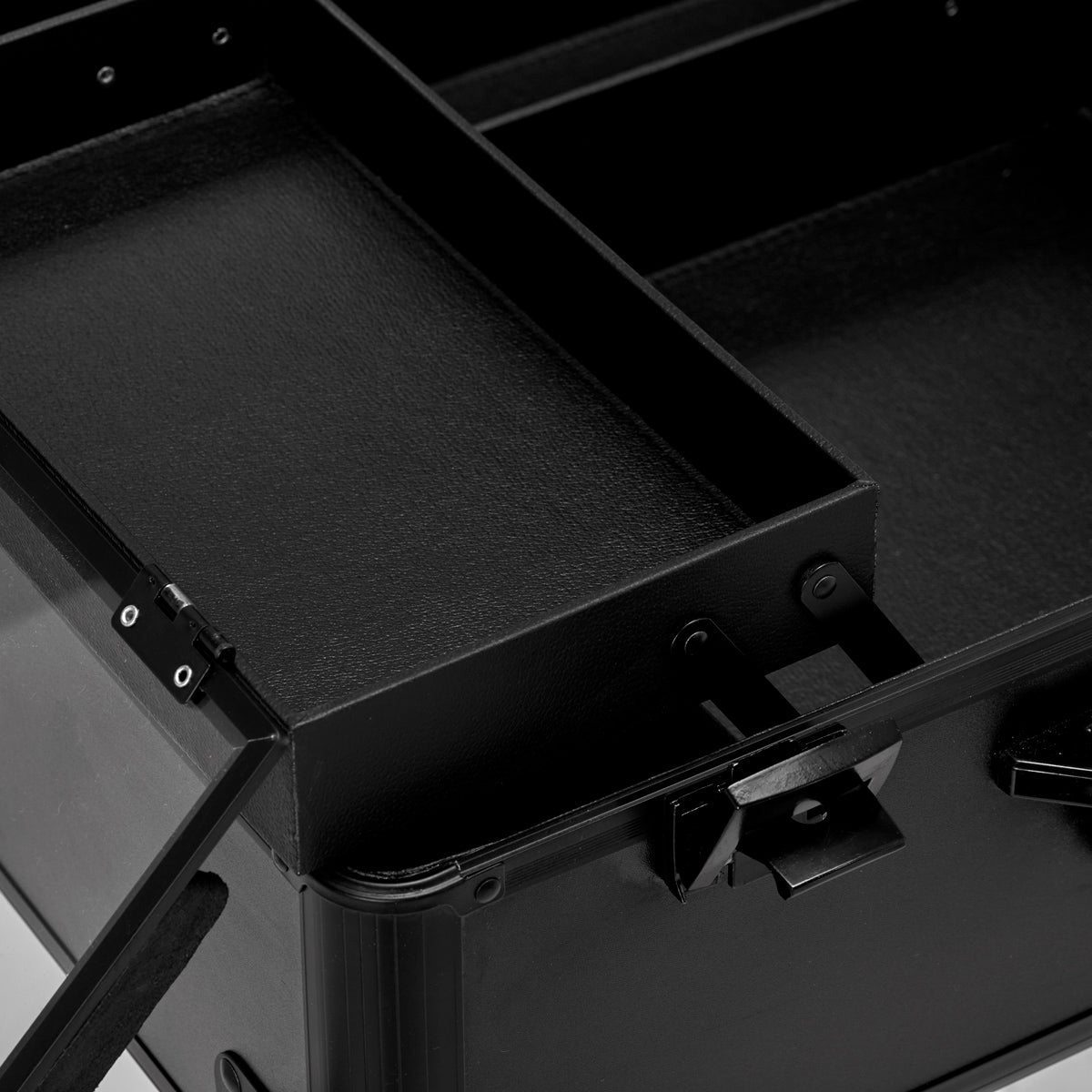 ActiveShop Case Portable Makeup Stand T-27 Black - portable makeup station opened to show the mirror and storage trays