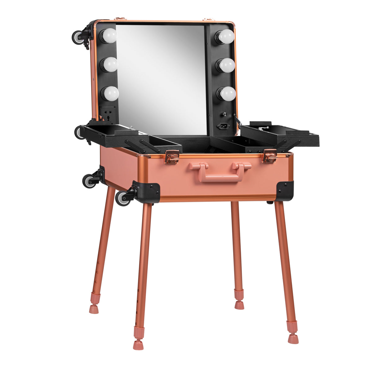 ActiveShop Case Portable Makeup Stand T-27 Rose Gold - portable makeup station opened to show the mirror and storage trays