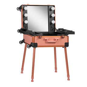 ActiveShop Case Portable Makeup Stand T-27 Rose Gold - portable makeup station opened to show the mirror and storage trays