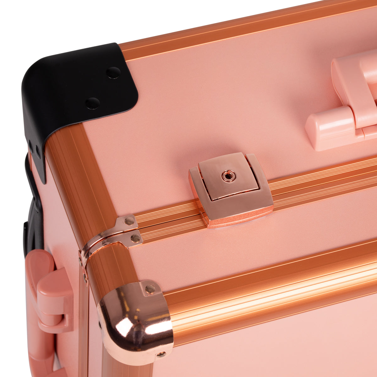 ActiveShop Case Portable Makeup Stand T-27 Rose Gold - portable makeup station opened to show the mirror and storage trays