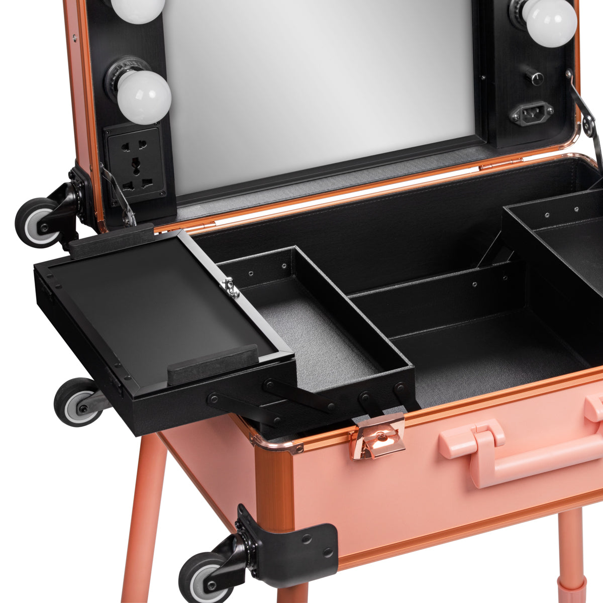 ActiveShop Case Portable Makeup Stand T-27 Rose Gold - portable makeup station opened to show the mirror and storage trays