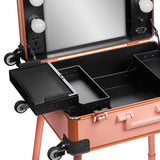 ActiveShop Case Portable Makeup Stand T-27 Rose Gold - portable makeup station opened to show the mirror and storage trays