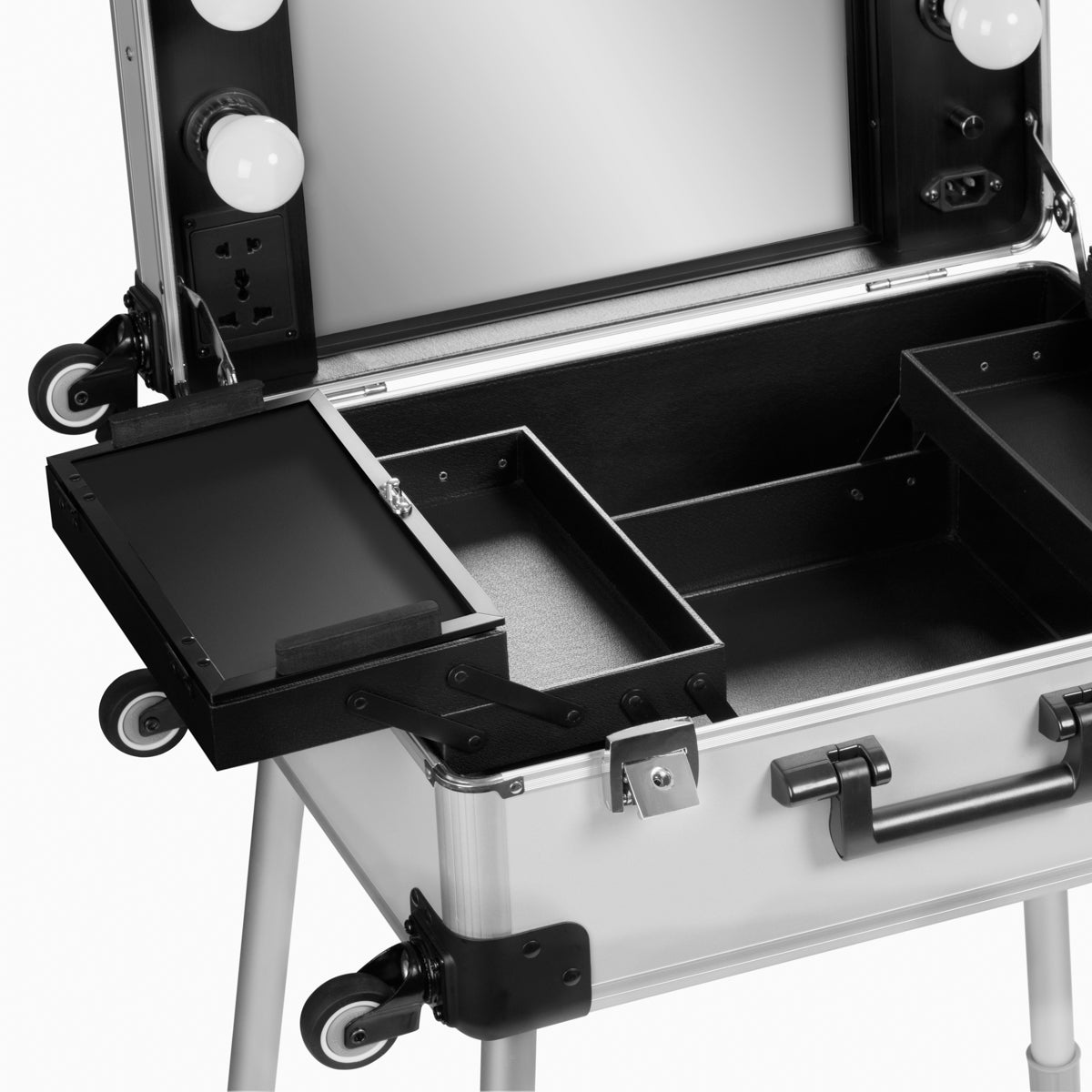 ActiveShop Case Portable Makeup Stand T-27 Silver - portable makeup station opened to show the mirror and storage trays