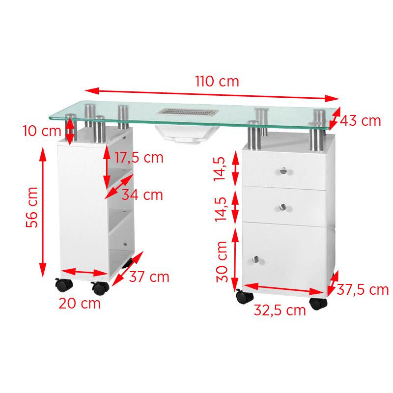 ActiveShop Glass Beauty Desk with Built-In 013B Absorber - dimensions and measurements shown
