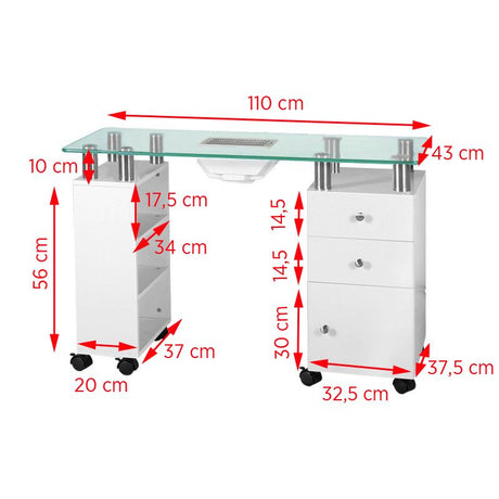 ActiveShop Glass Beauty Desk with Built-In 013B Absorber - dimensions and measurements shown