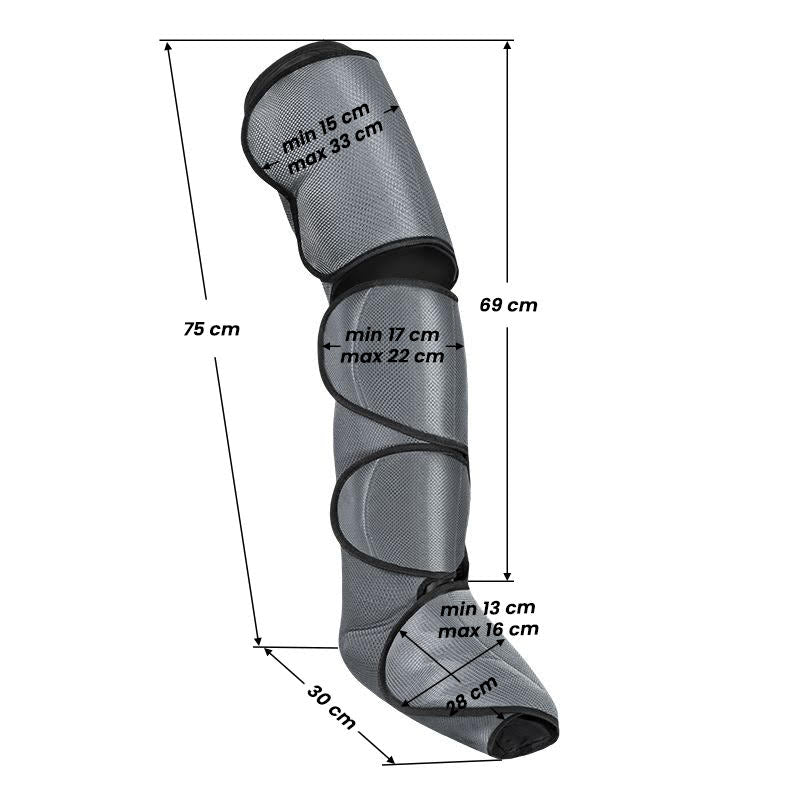 ActiveShop Mirusens Leg & Thigh Pressotherapy Device For Lymphatic Drainage - dimensions and measurements shown