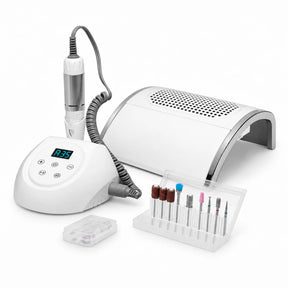 ActiveShop Nail Tech E-File Starter Kit with white N20 nail drill, KT dust collector and 12-piece drill bit set.