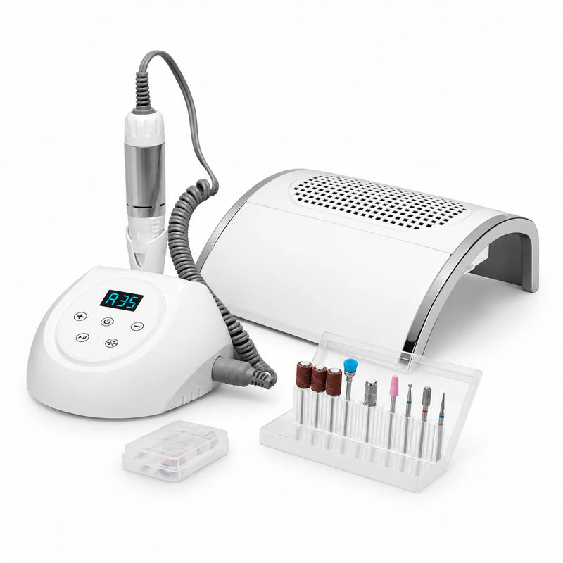 ActiveShop Nail Tech E-File Starter Kit with white N20 nail drill, KT dust collector and 12-piece drill bit set.