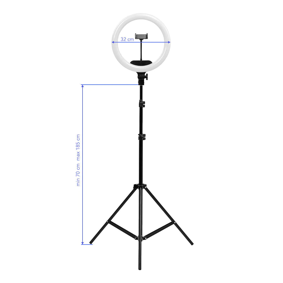 ActiveShop 13-inch LED ring light dimensions: 32 cm diameter and 70–185 cm tripod height