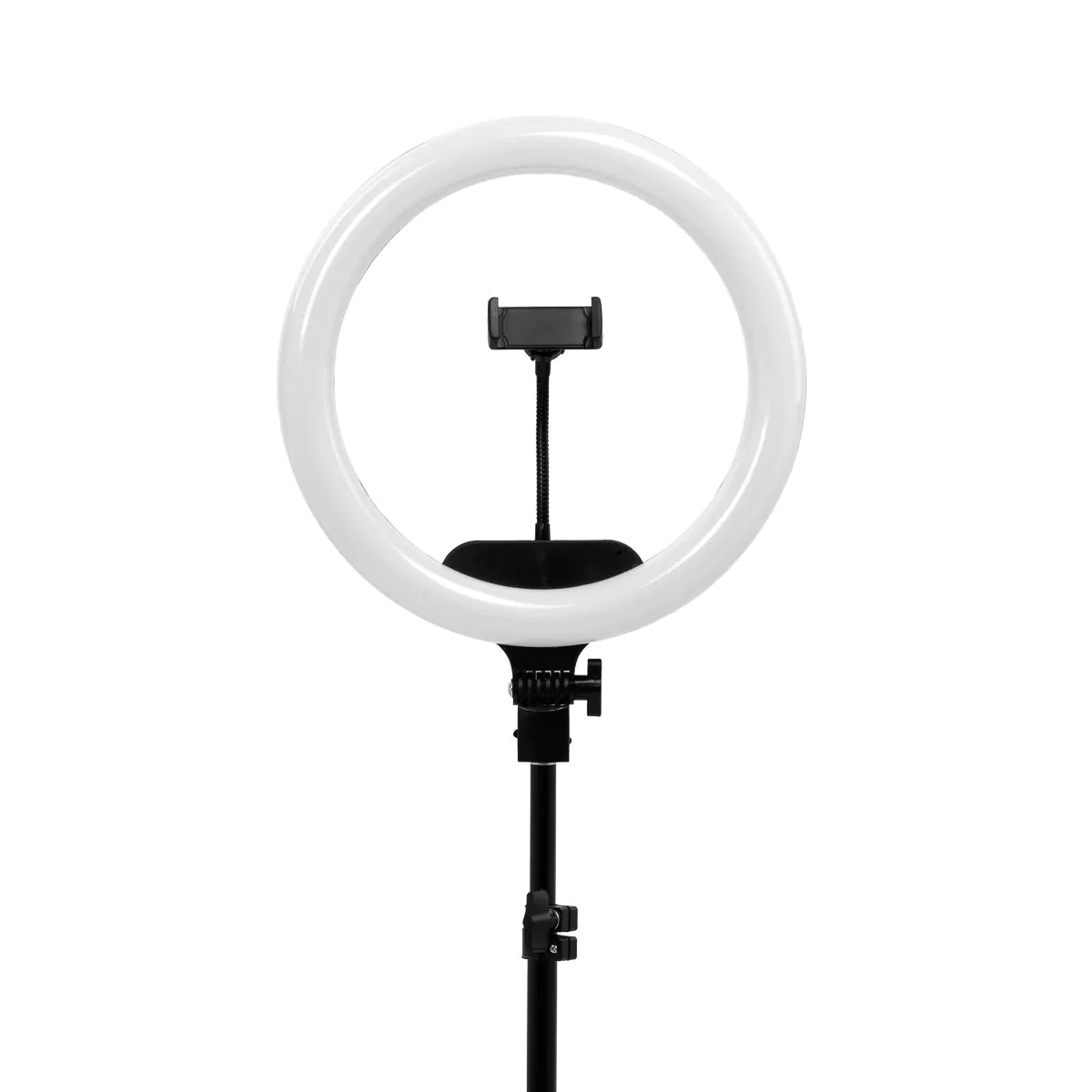 ActiveShop 13-inch LED ring light switched on with phone holder, front view