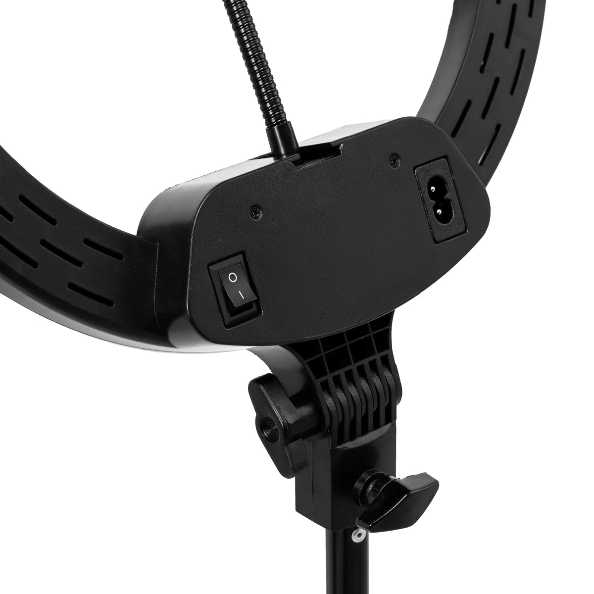 Close-up of the power inlet and rocker switch on the ActiveShop 13-inch ring light