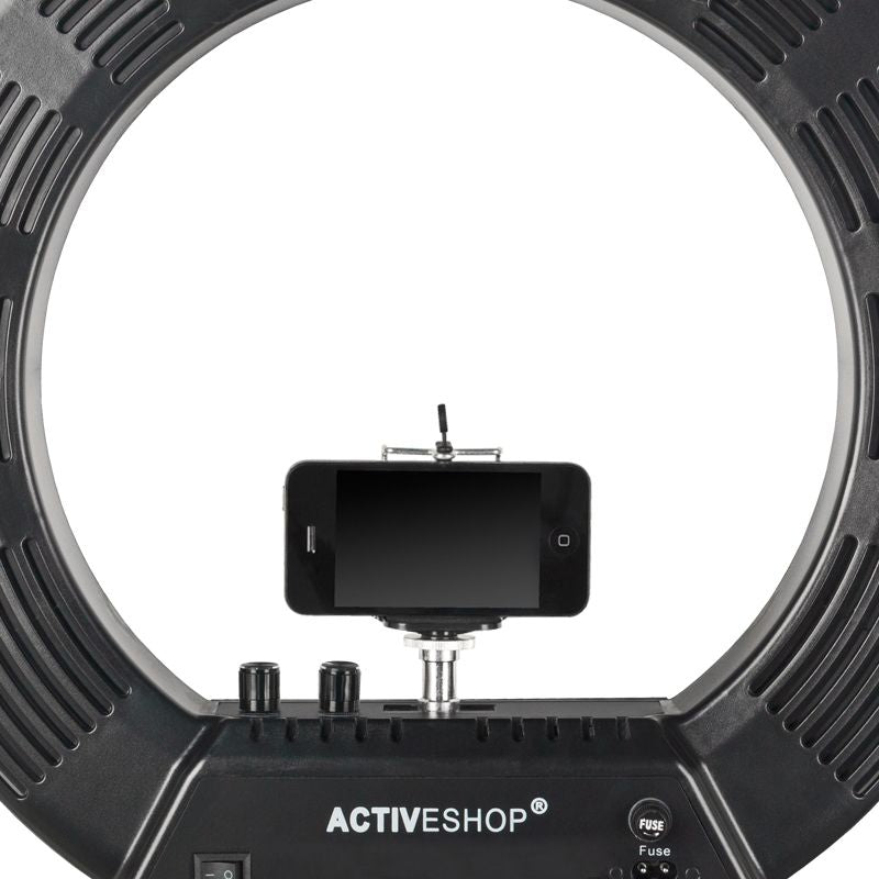 ActiveShop Ring Light 18" 48W LED with Tripod Black - displayed in a styled studio photograph