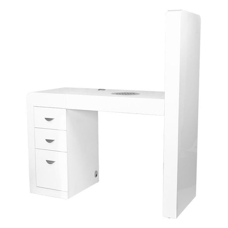 ActiveShop White Beauty Desk 310 with Built-In Absorber Left - front view showing the storage and construction details
