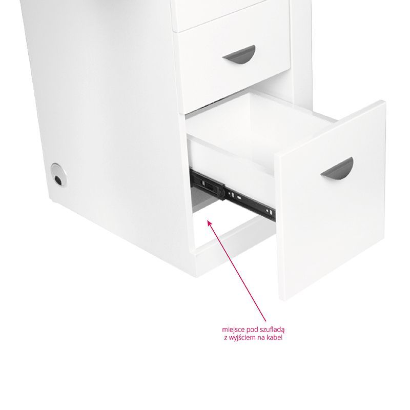 ActiveShop White Beauty Desk 310 with Built-In Absorber Left - front view showing the storage and construction details