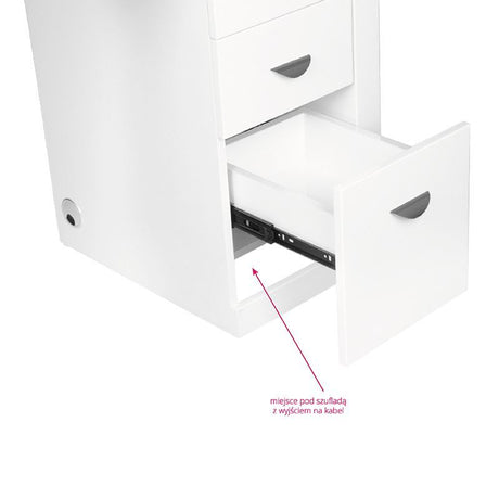 ActiveShop White Beauty Desk 310 with Built-In Absorber Left - front view showing the storage and construction details