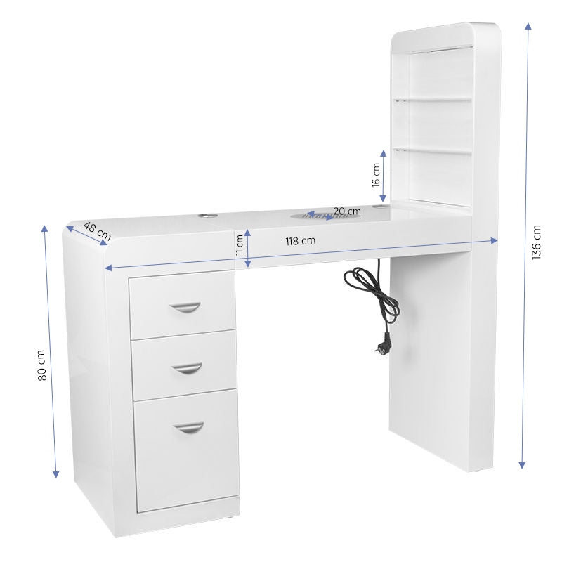 ActiveShop White Beauty Desk 310 with Built-In Absorber Left - front view showing the storage and construction details