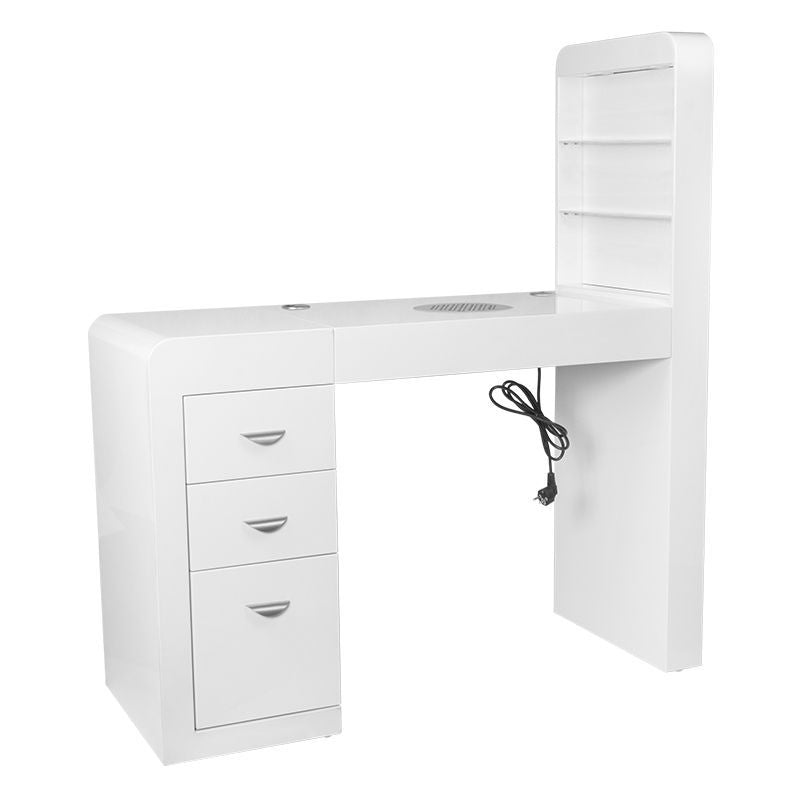 ActiveShop White Beauty Desk 310 with Built-In Absorber Left - front view showing the storage and construction details