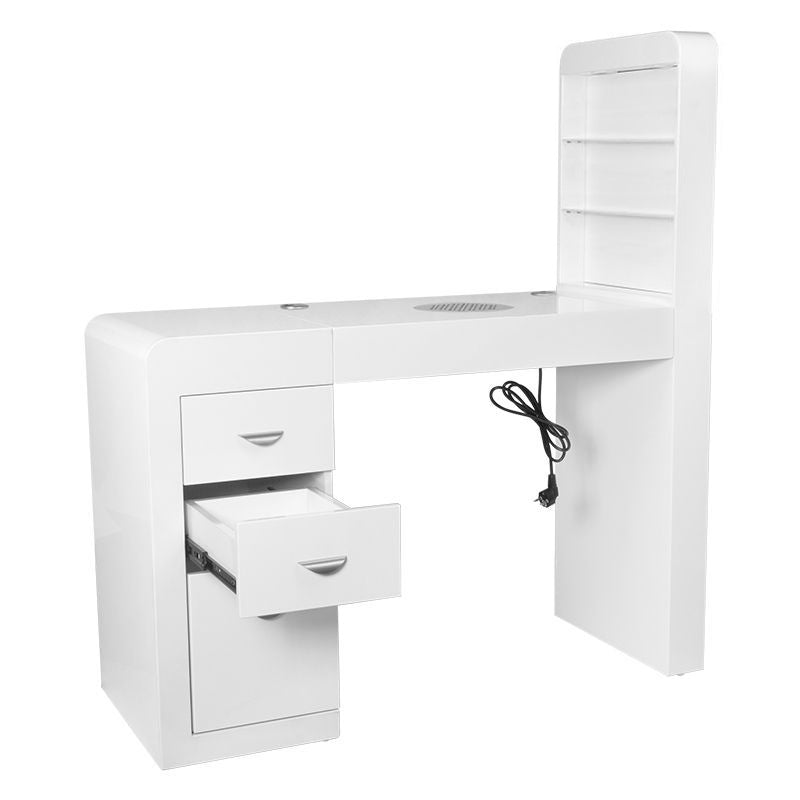 ActiveShop White Beauty Desk 310 with Built-In Absorber Left - front view showing the storage and construction details