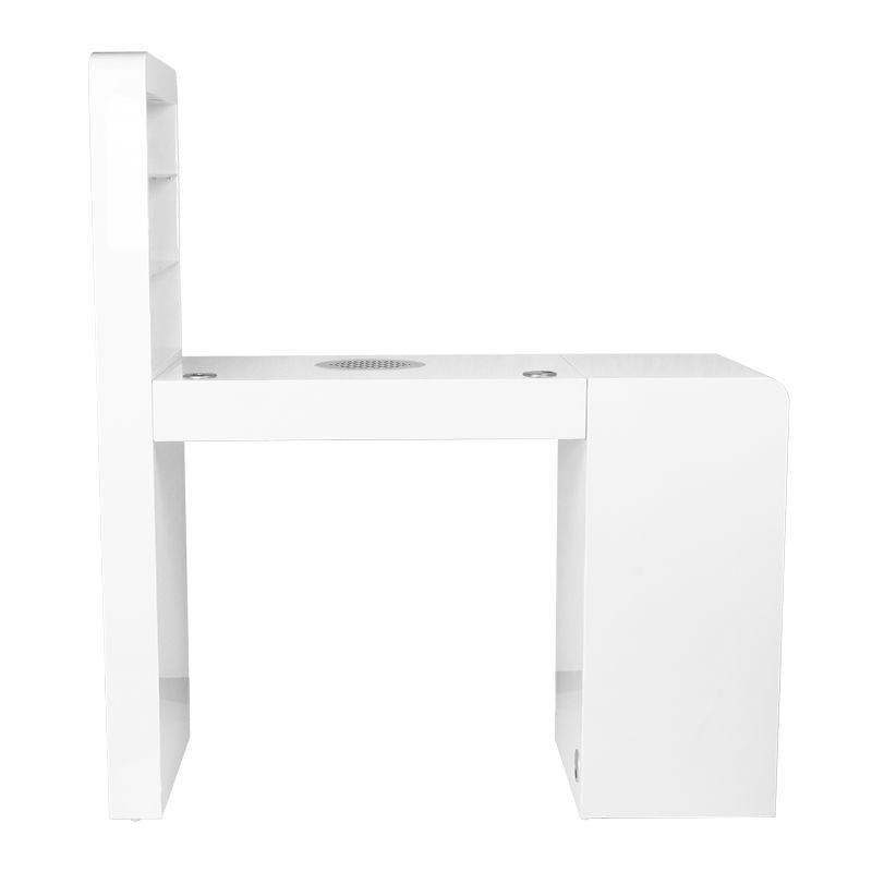 ActiveShop White Beauty Desk 310 with Built-In Absorber Left - front view showing the storage and construction details