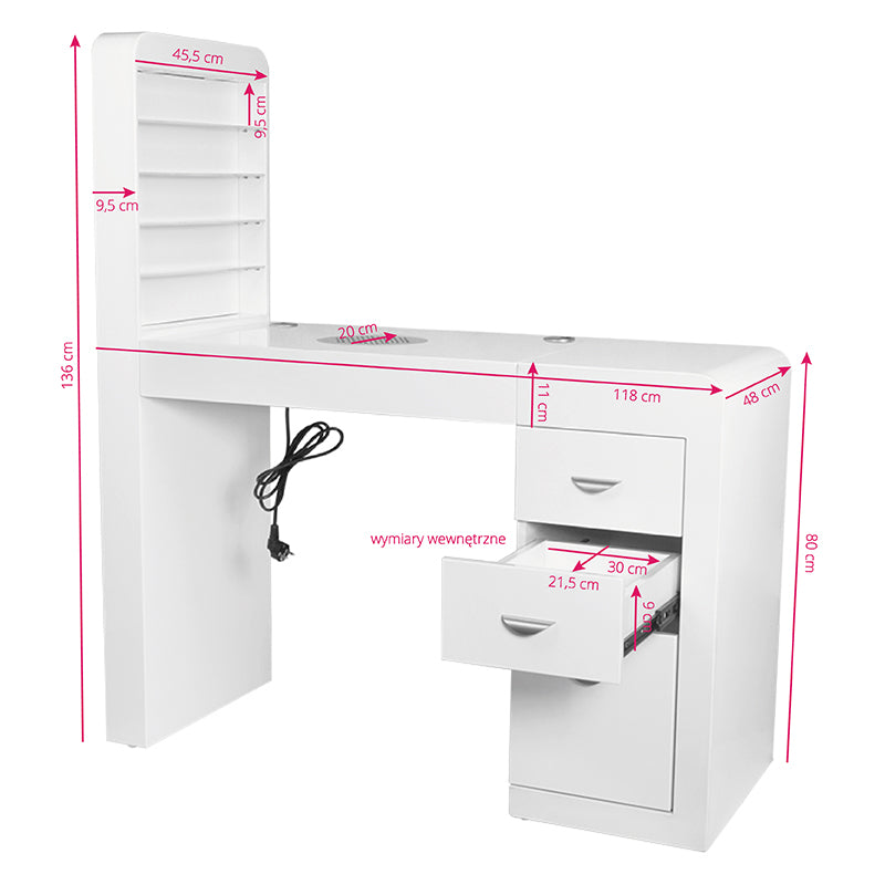 ActiveShop White Beauty Desk 310 with Built-In Absorber Right - dimensions and measurements shown