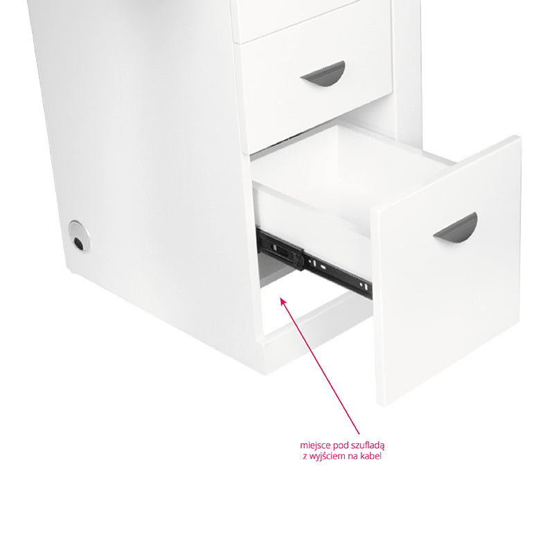 ActiveShop White Beauty Desk 310 with Built-In Absorber Right - front view showing the storage and construction details