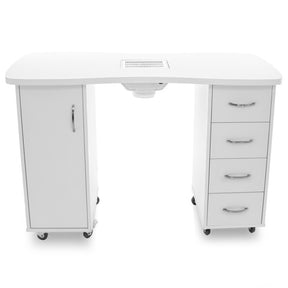 ActiveShop White Desk 2027 with Dual Cabinets & Built-In Absorber - front view showing the storage and construction details