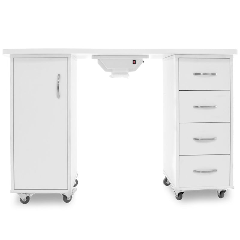 ActiveShop White Desk 2027 with Dual Cabinets & Built-In Absorber - front view showing the storage and construction details