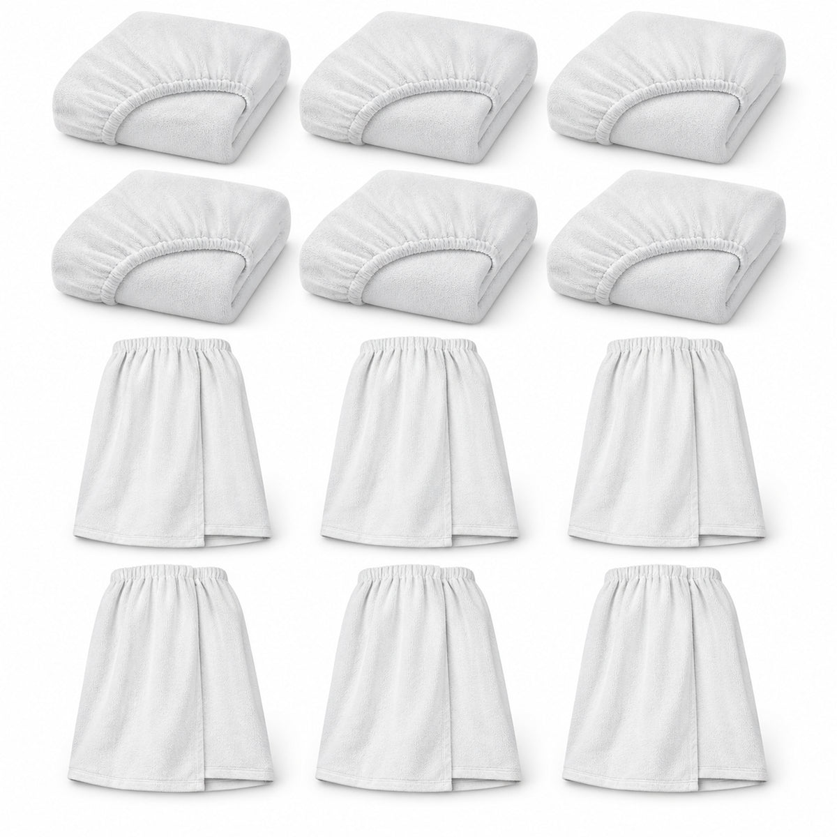 Six white elasticated treatment bed covers and six white terry treatment wraps arranged individually on a light background.