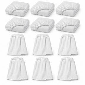 Six white elasticated treatment bed covers and six white terry treatment wraps arranged individually on a light background.