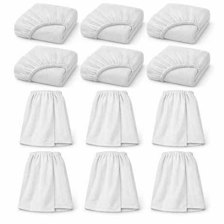 Six white elasticated treatment bed covers and six white terry treatment wraps arranged individually on a light background.