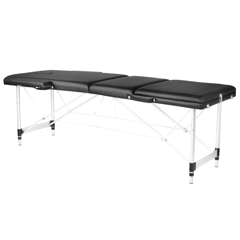 ActivFizjo Aluminium Folding Massage Table Comfort 3 Segments Black & Silver - full product view at an angle on a white background