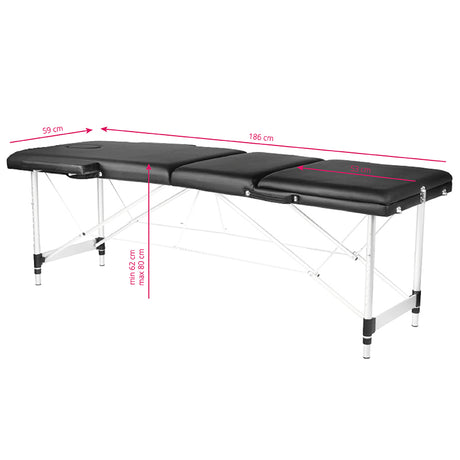 ActivFizjo Aluminium Folding Massage Table Comfort 3 Segments Black & Silver - dimensions and measurements shown