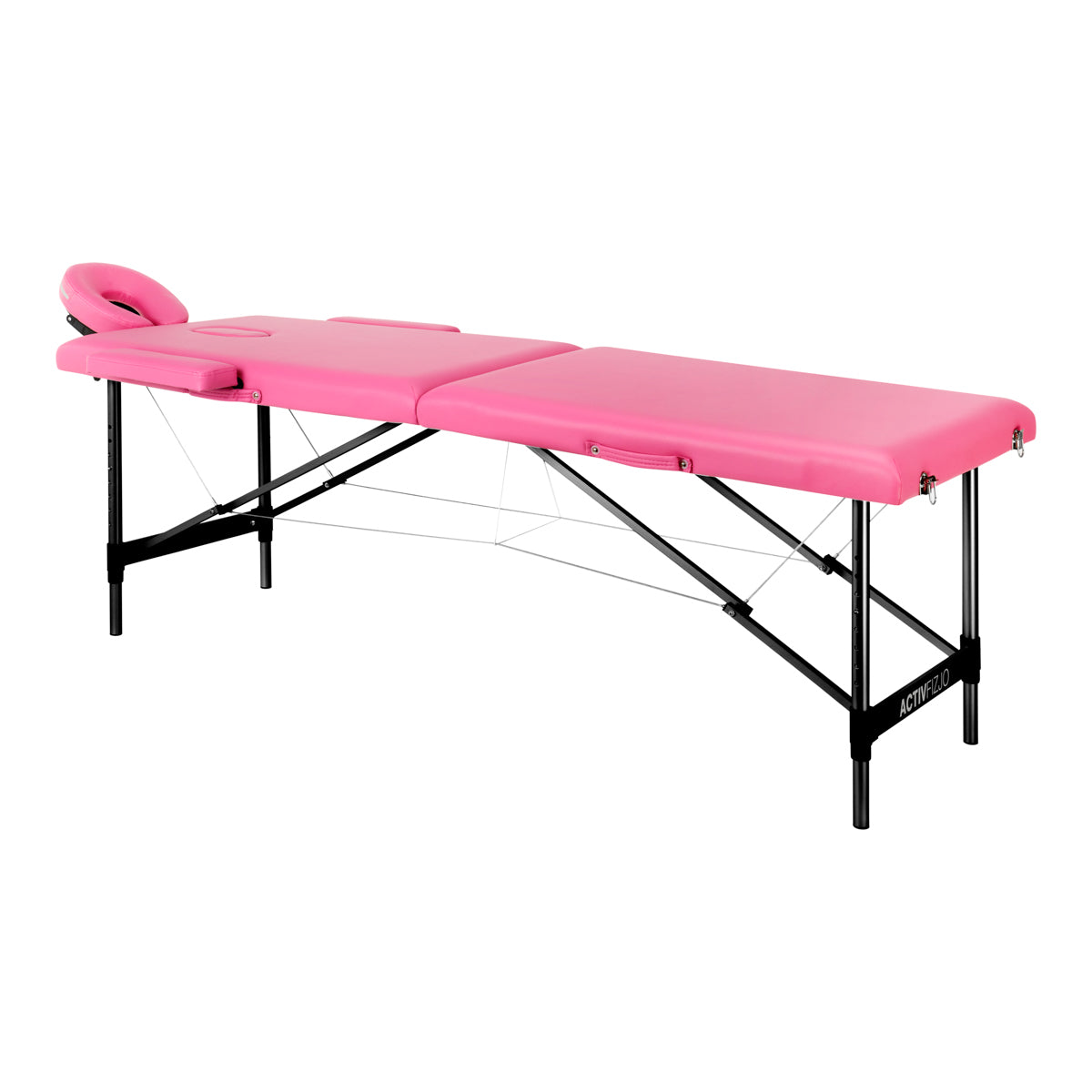 ActivFizjo Comfort Lux 2-Section Aluminium Folding Massage Table Pink & Black - full product view at an angle on a white background
