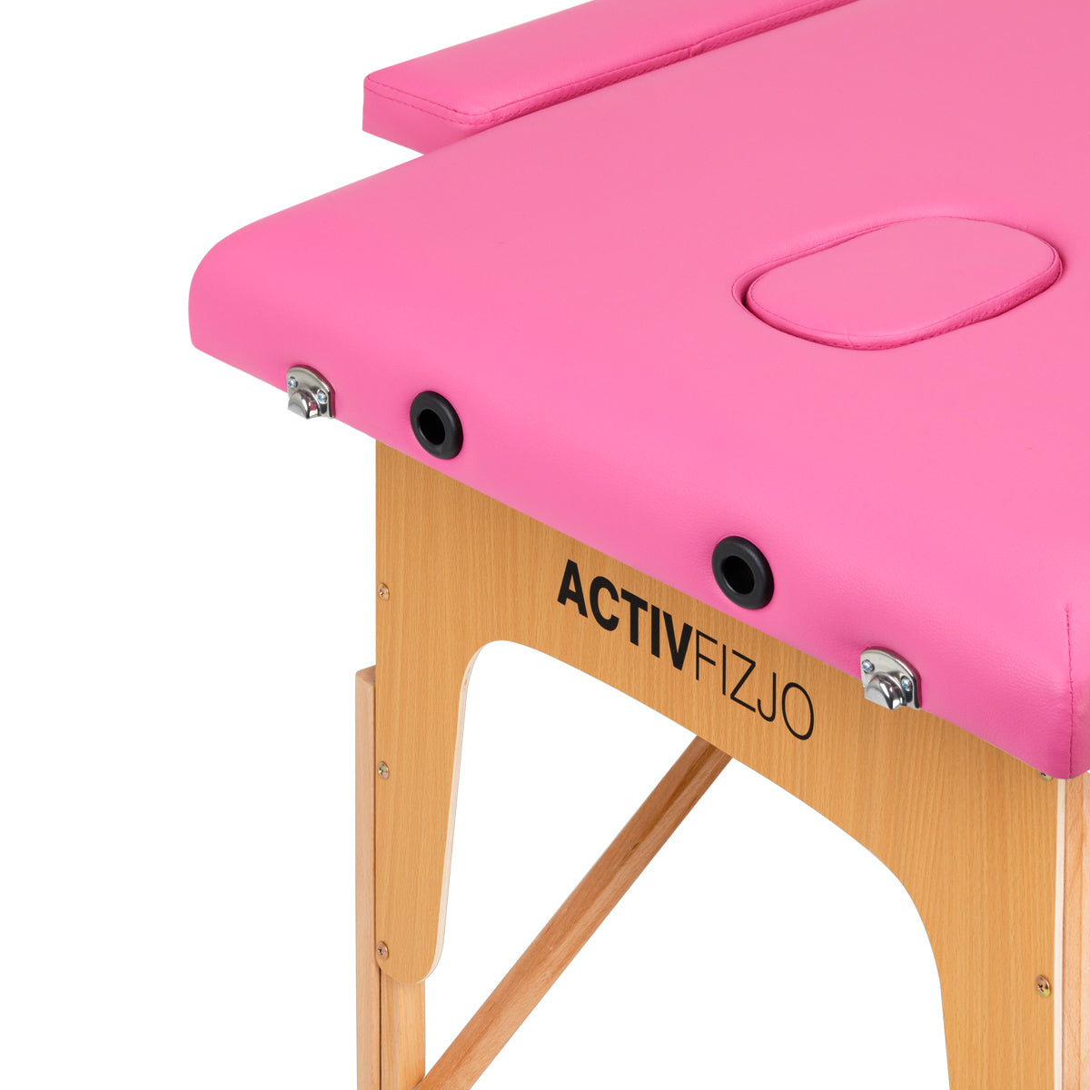 ActivFizjo Wooden Folding Massage Table Comfort Lux 2-Sections Pink - displayed in a professional treatment-room setting