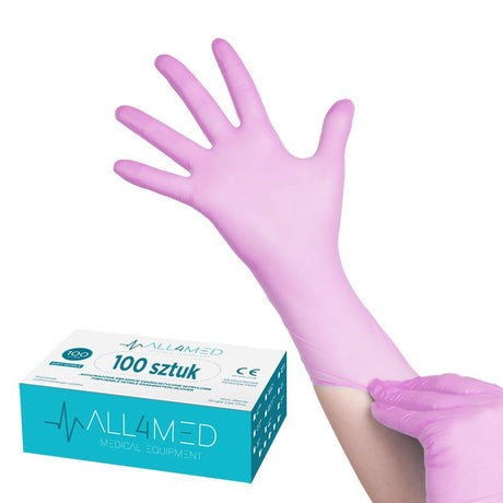 All4Med Disposable Diagnostic Nitrile Gloves Pink - arranged with the included components on a white background