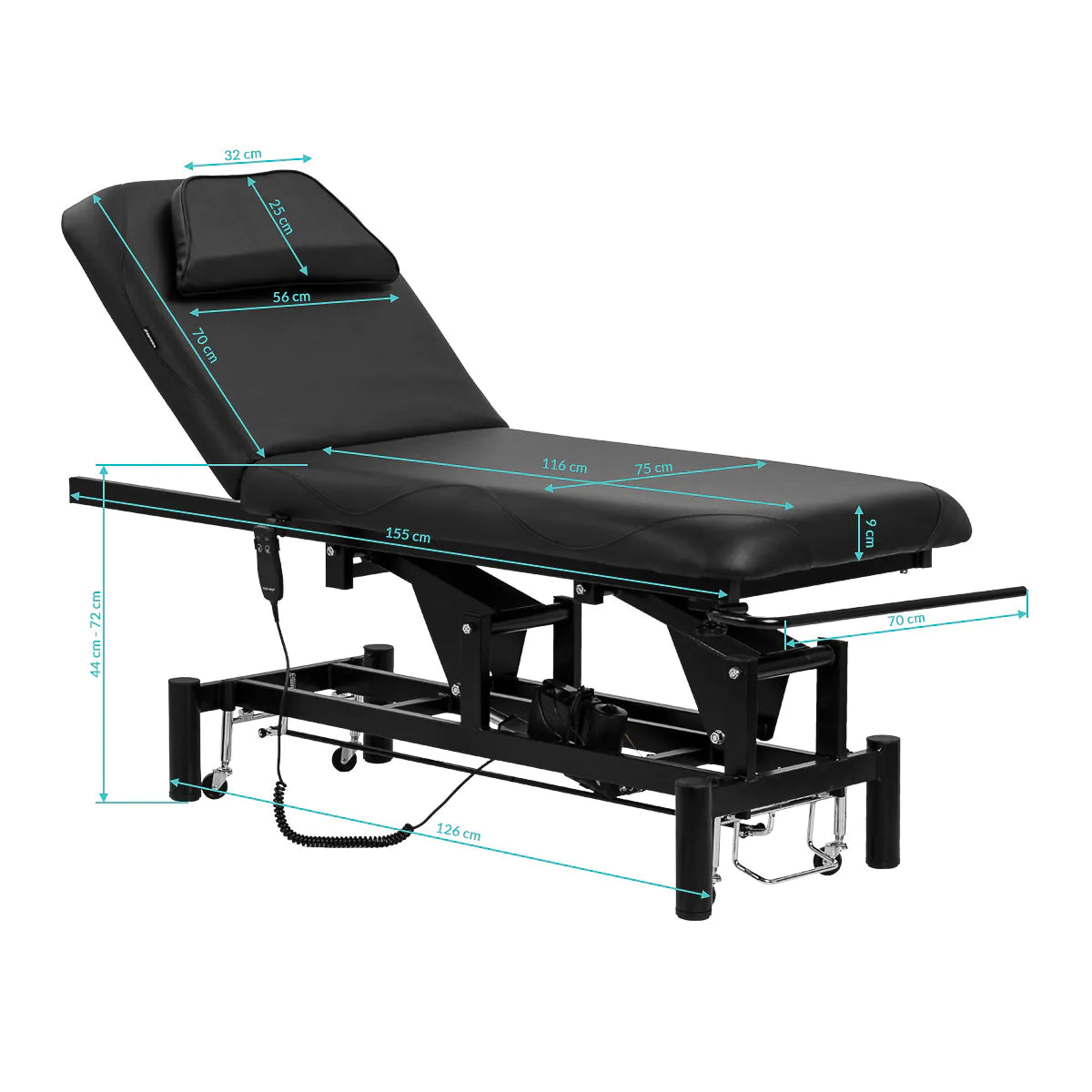 Azzurro 684A 1-Motor Electric Massage Bed Black - close-up showing the headrest, upholstery and adjustment controls