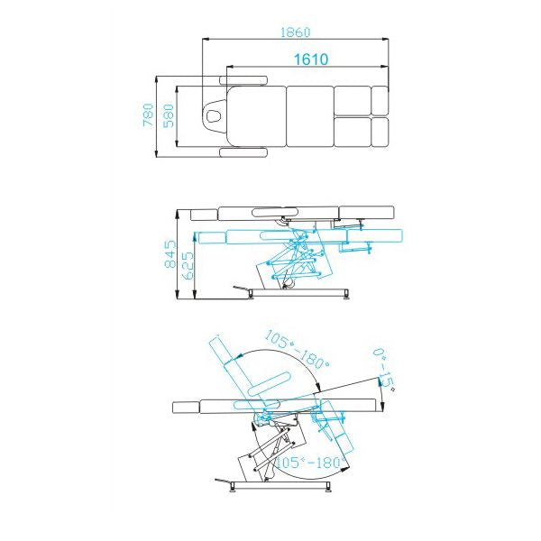 Azzurro 706 1-Motor Electric Pedicure Chair White - dimensions and measurements shown