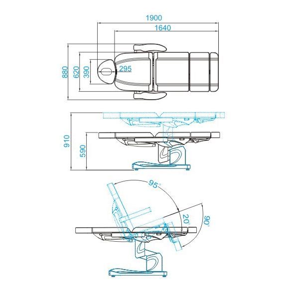 Azzurro 708A 4-Motor Electric Beauty Chair White - dimensions and measurements shown