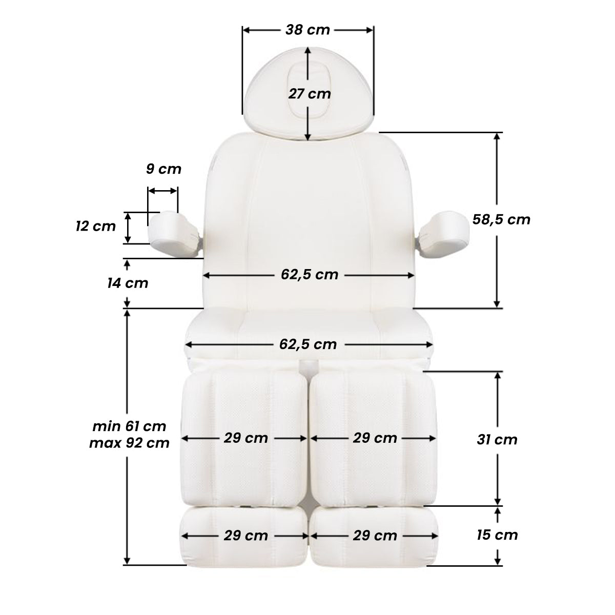 Azzurro 708BS Pedi Pro Heated Electric Pedicure Bed - dimensions and measurements shown