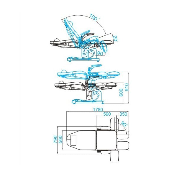 Azzurro 709A Electric Pedicure Bed White - dimensions and measurements shown
