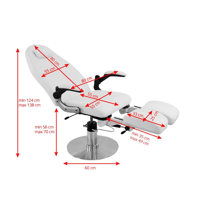Azzurro 713A Hydraulic Pedicure Bed White - dimensions and measurements shown