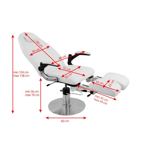 Azzurro 713A Hydraulic Pedicure Bed White - dimensions and measurements shown