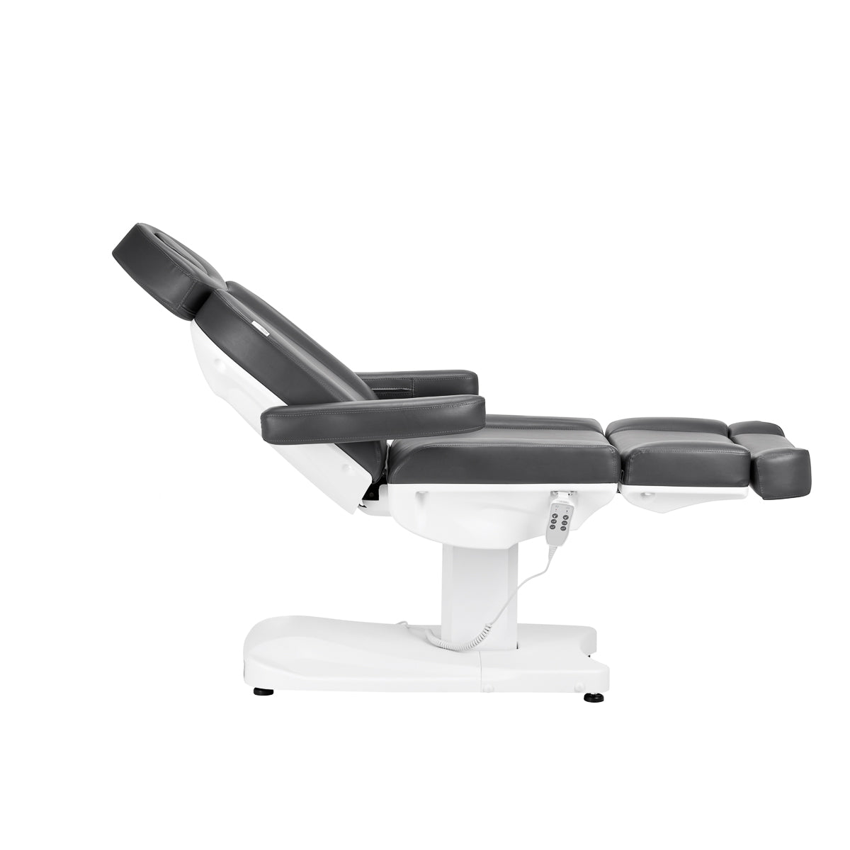 Azzurro 803D 3-Motor Electric Beauty Bed Grey - close-up showing the headrest, upholstery and adjustment controls