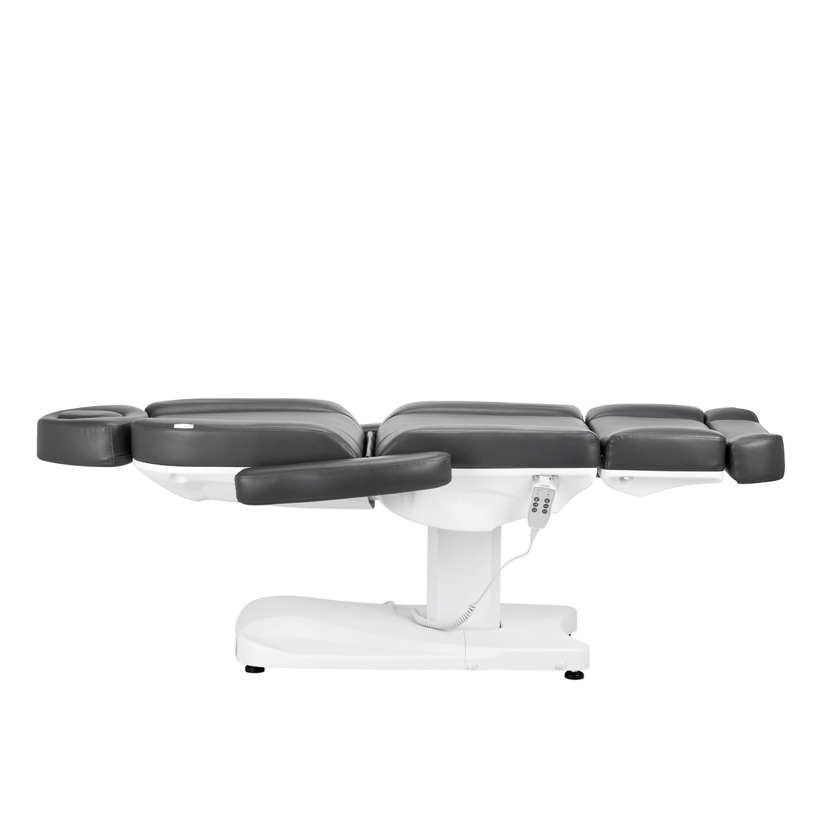 Azzurro 803D 3-Motor Electric Beauty Bed Grey - close-up showing the headrest, upholstery and adjustment controls