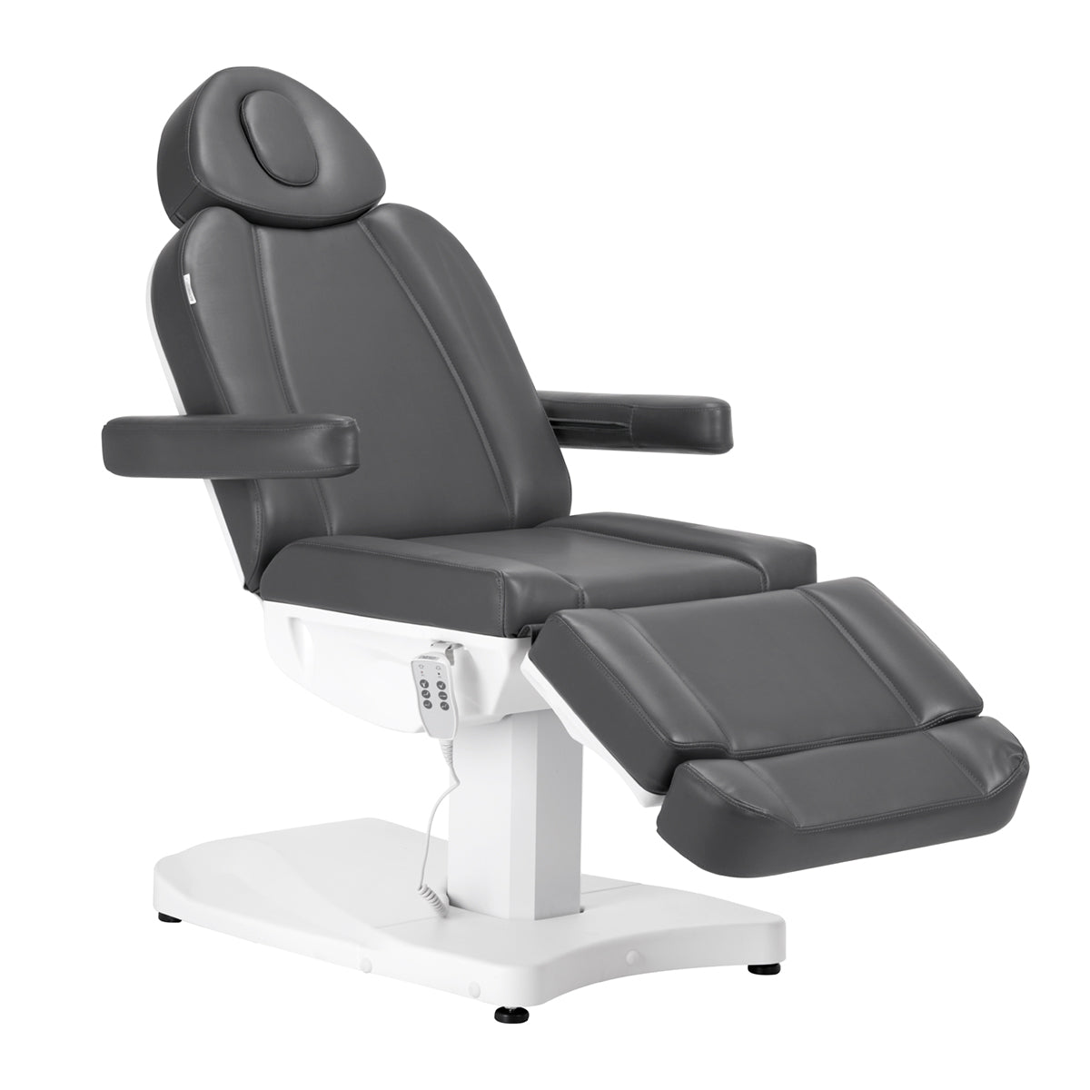 Azzurro 803D 3-Motor Electric Beauty Bed Grey - close-up showing the headrest, upholstery and adjustment controls