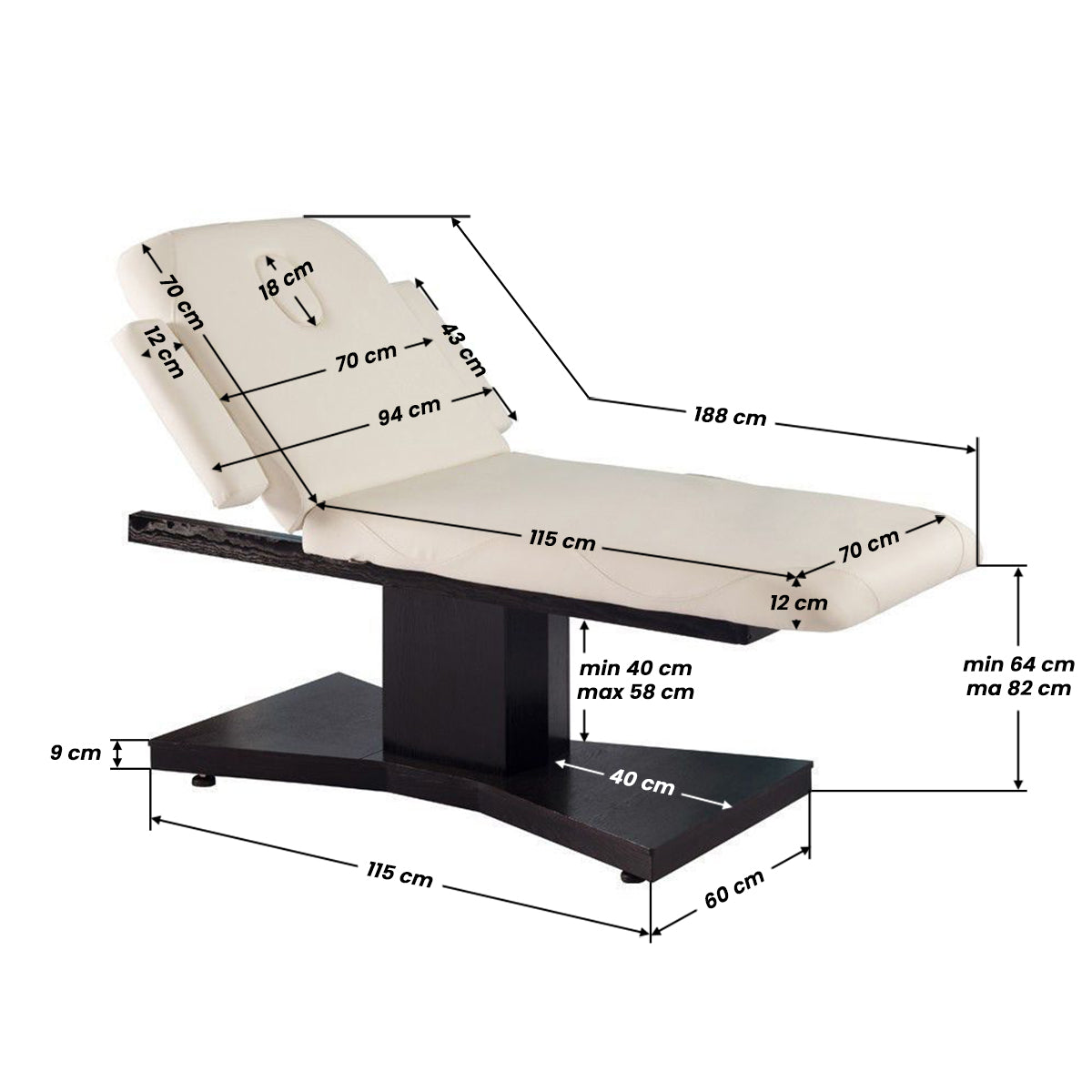 Azzurro 805 Heated 1-Motor Electric Beauty Bed Wenge & Latte - dimensions and measurements shown