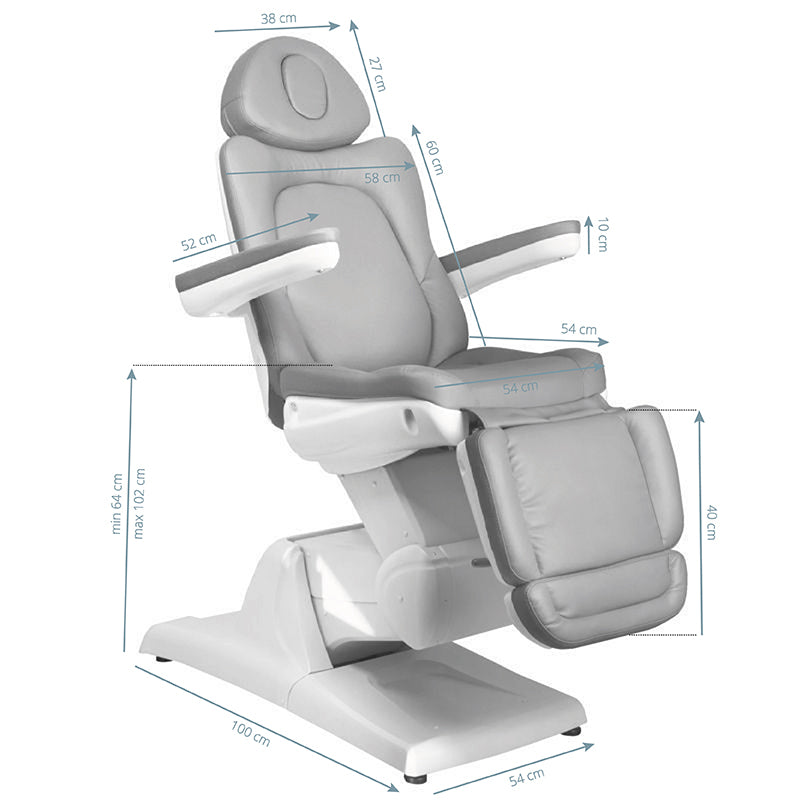 Azzurro 870 3-Motor Electric Beauty Bed Grey - dimensions and measurements shown