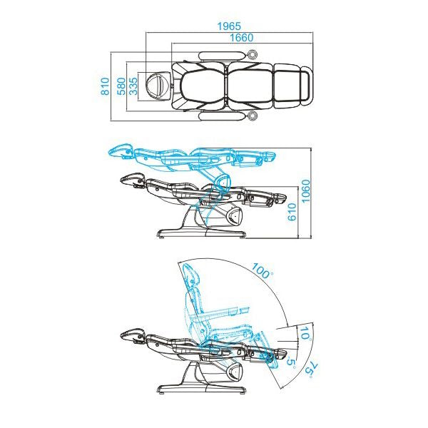 Azzurro 870 3-Motor Electric Beauty Bed Grey - dimensions and measurements shown