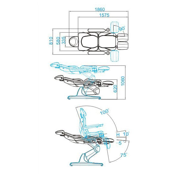 Azzurro 870S 3-Motor Electric Pedicure Chair Cappuccino - dimensions and measurements shown